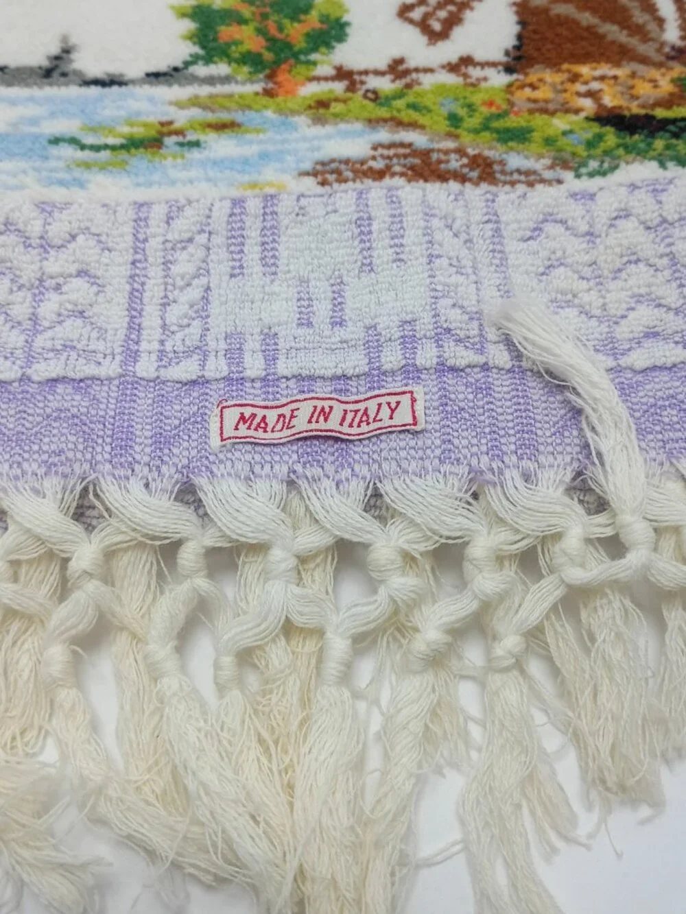 Rare Find Made in Italy Woven Cottage Windmill Scene Body Bath Towel Fringe